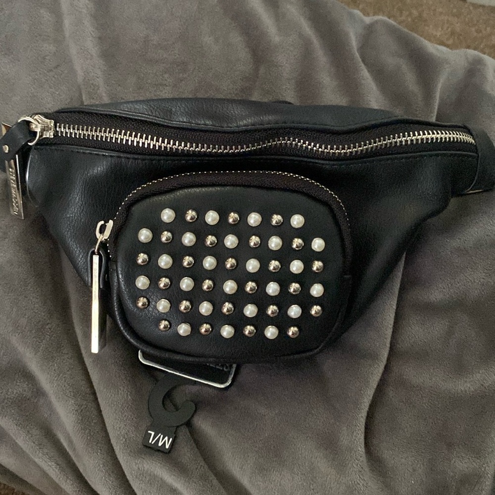 Steve Madden faux black leather belt bag with gold and faux pearl beading
